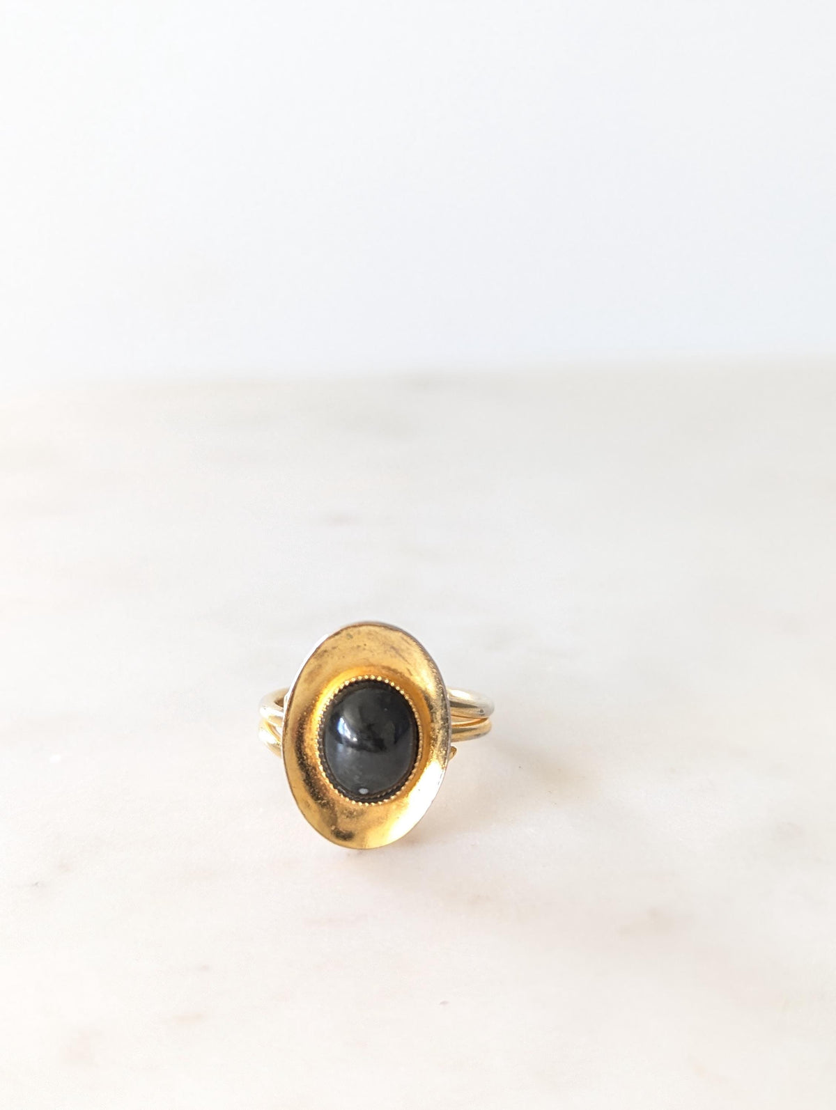 Vintage Gold Tone Ring With Black Faceted Stone