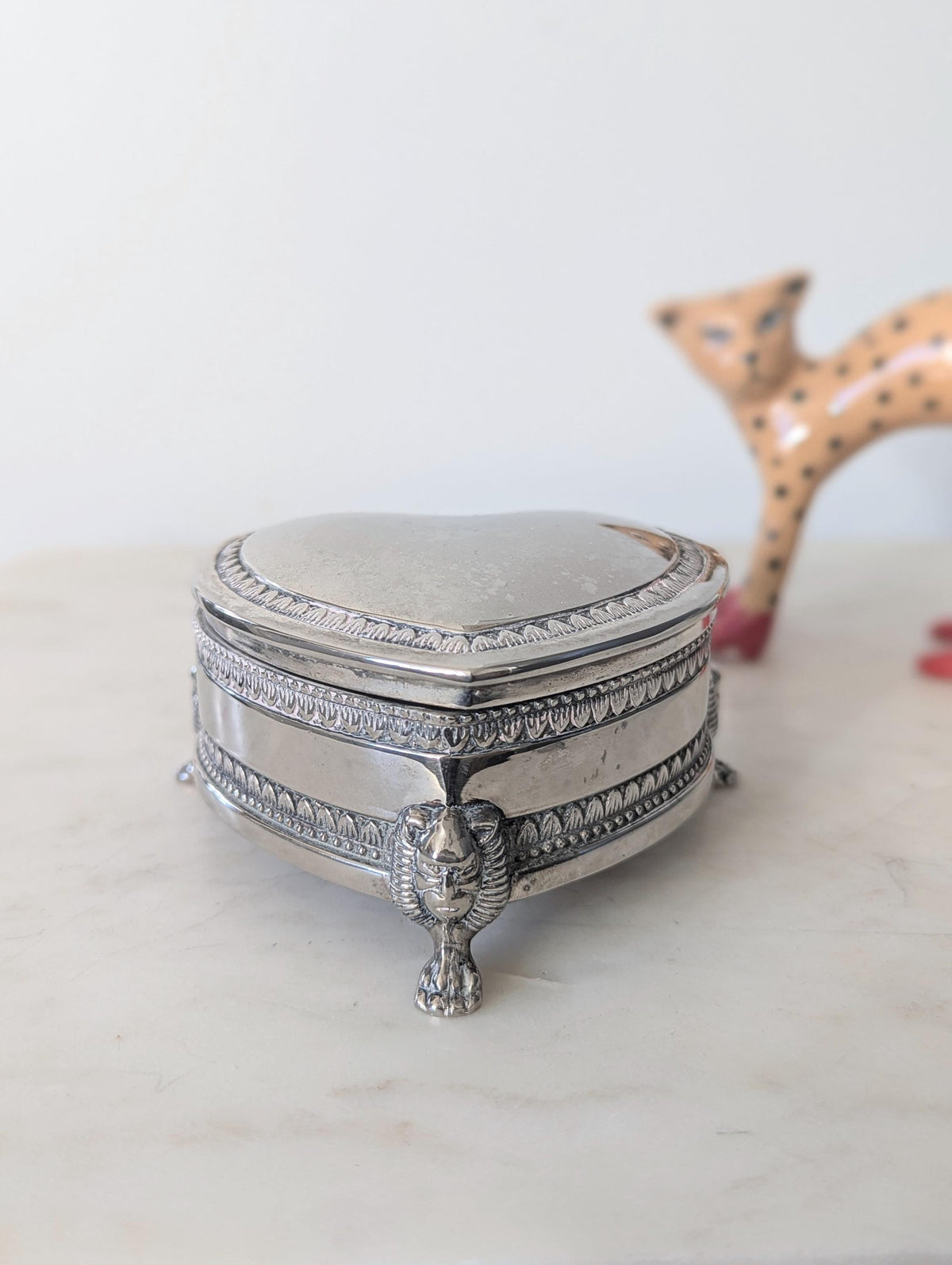 Vintage Silver Plated Heart Shaped Jewellery Box With Feet