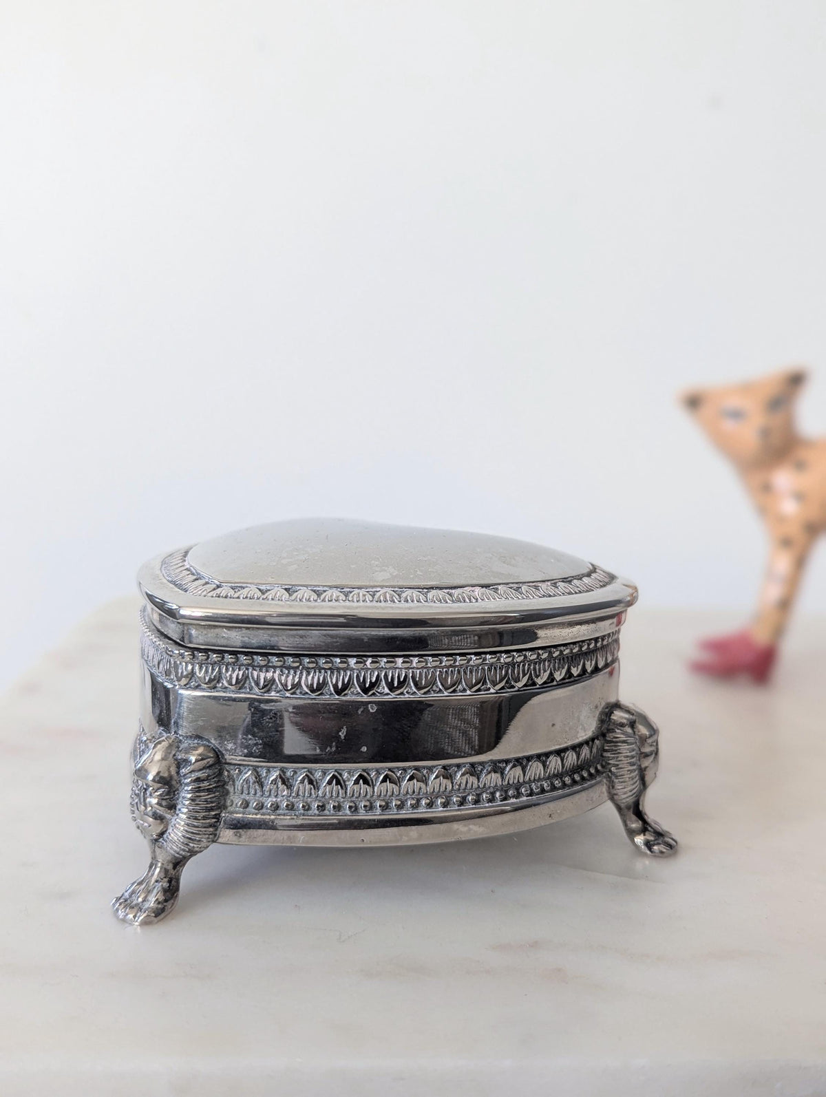 Vintage Silver Plated Heart Shaped Jewellery Box With Feet