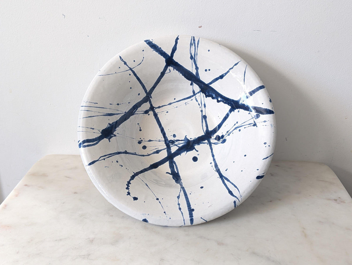 Handmade Large Wide Rim Blue Splatter Ware Bowl