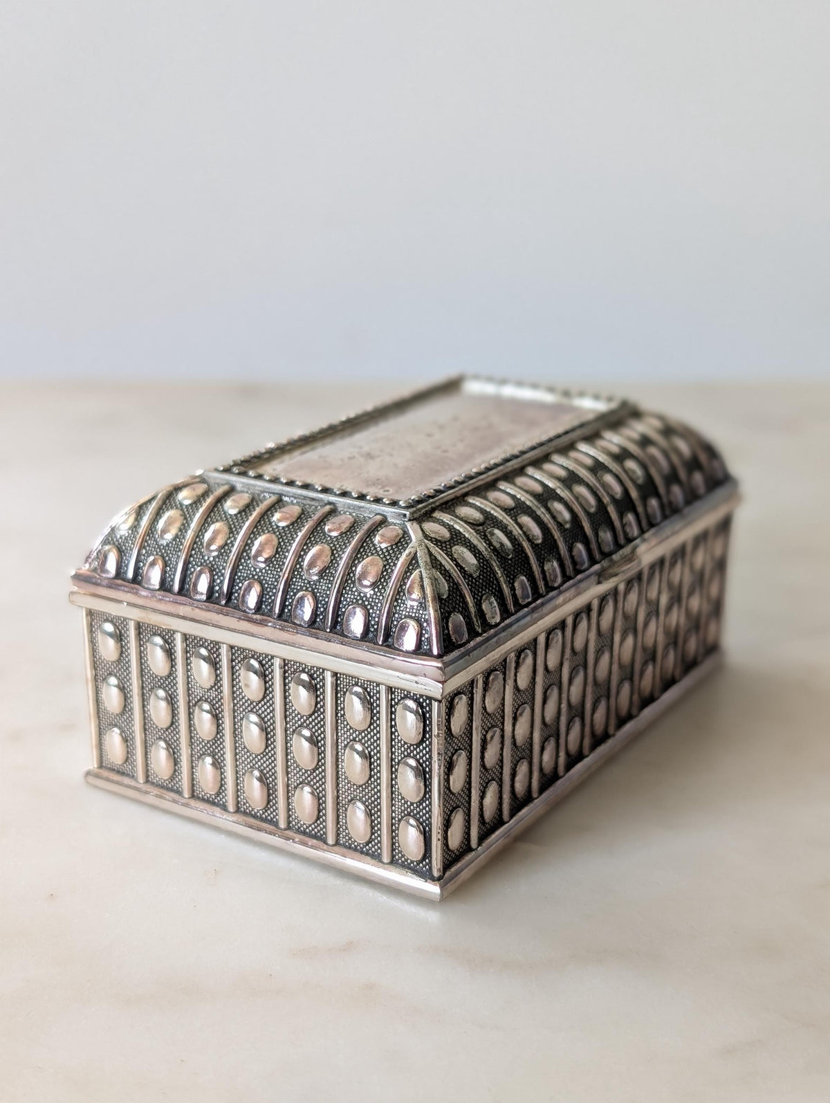 Vintage Silver Plated Hobnail Trinket Box with Blue Velvet Lining, Jewellery Box