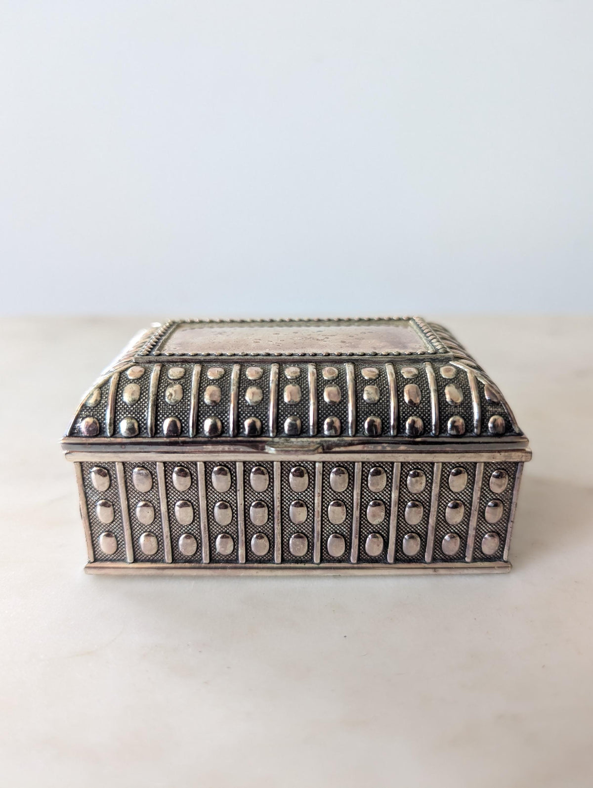 Vintage Silver Plated Hobnail Trinket Box with Blue Velvet Lining, Jewellery Box