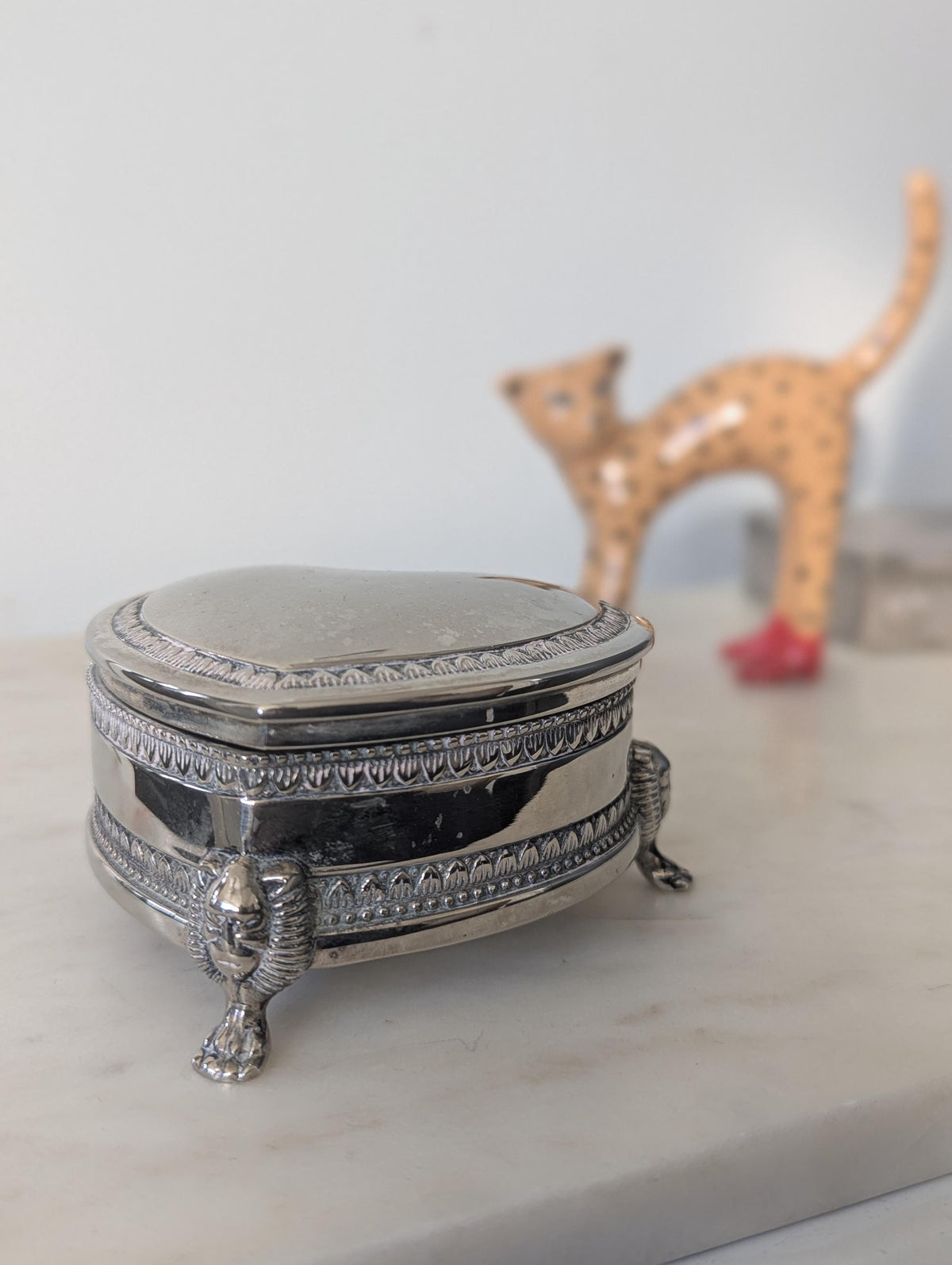 Vintage Silver Plated Heart Shaped Jewellery Box With Feet