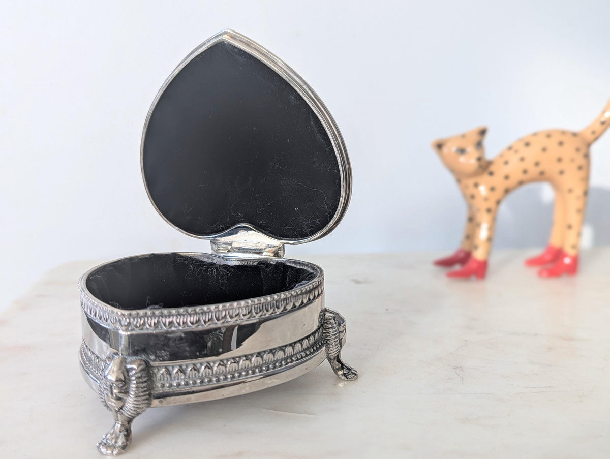 Vintage Silver Plated Heart Shaped Jewellery Box With Feet