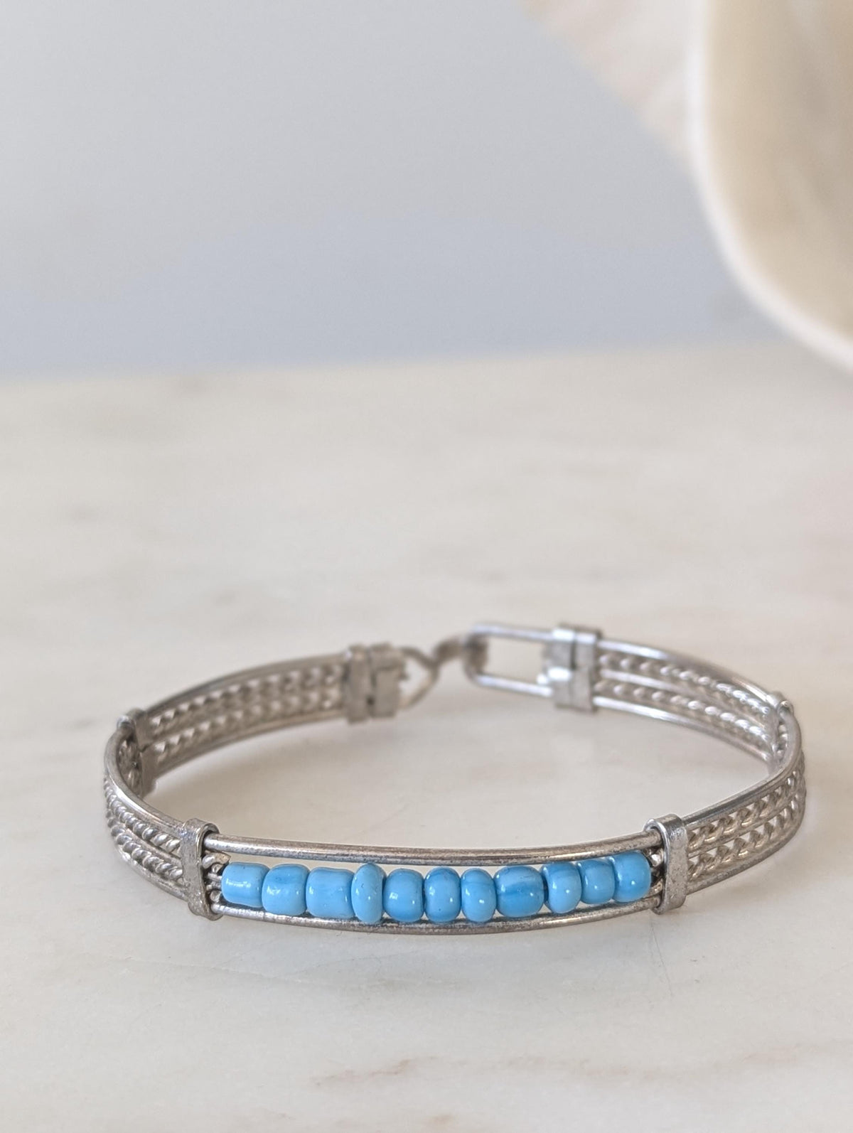 Vintage Silver Tone Turquoise Bead Cuff Bracelet