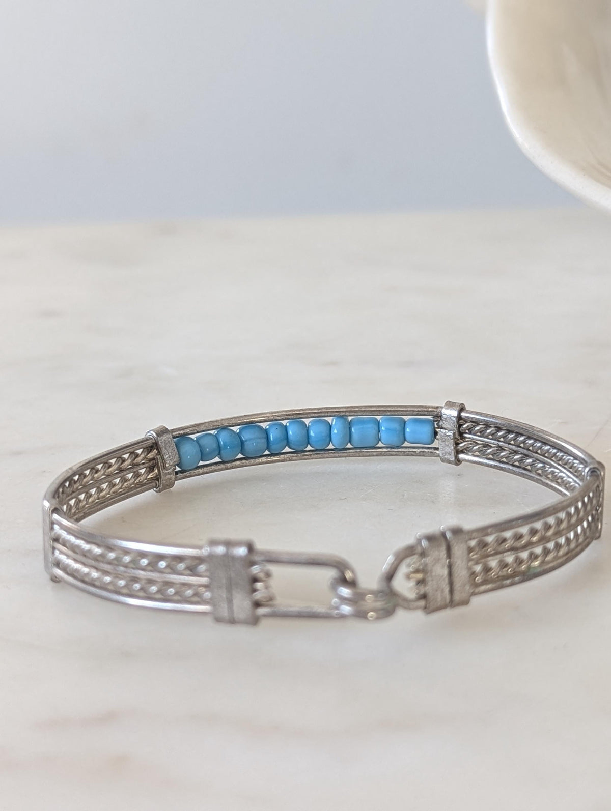 Vintage Silver Tone Turquoise Bead Cuff Bracelet