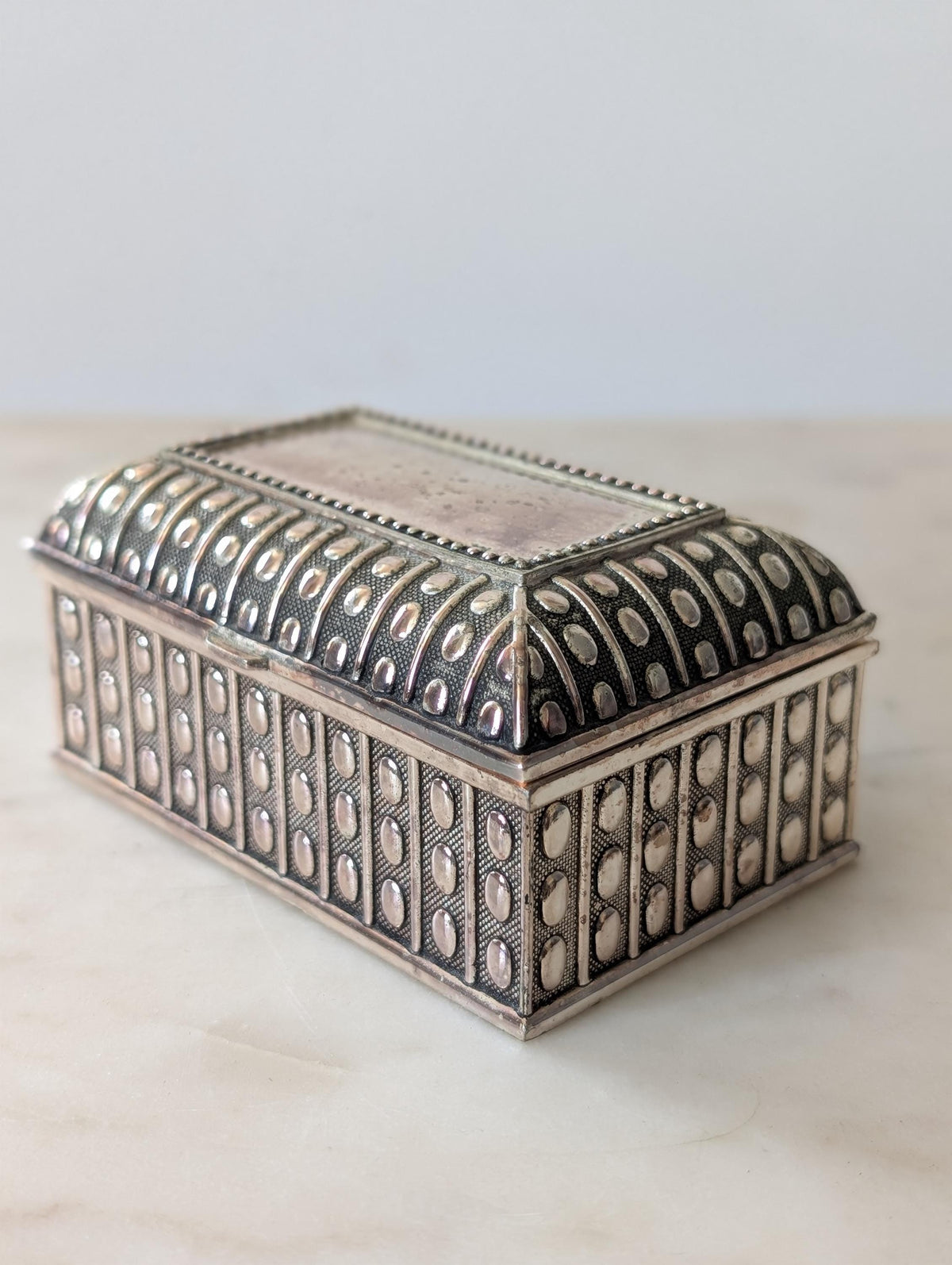 Vintage Silver Plated Hobnail Trinket Box with Blue Velvet Lining, Jewellery Box